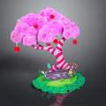 Pink Cartoon Tree With Fluffy Leaves Red Ornaments Striped Candy Cane Trunk And Green Grass