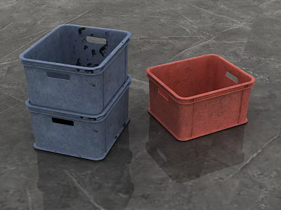 Plastic Storage Bins Stacked Blue and Single Red on Gray Floor 3d model