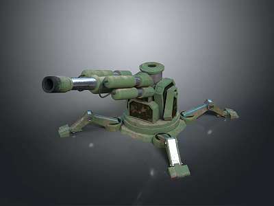 Vintage Green Military Cannon With Barrel And Tripod Base In Gray Gradient Background 3d model