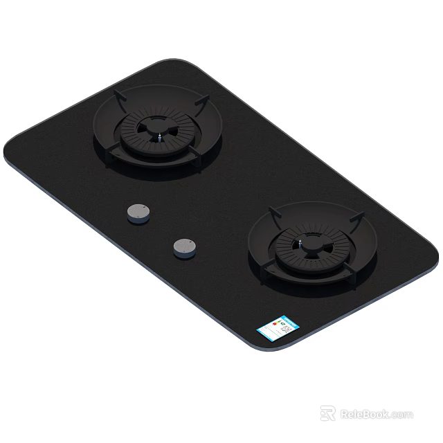 Modern Black Glass Panel Gas Stove with Two Burners and Control Knobs 3d model 