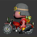 Cartoon Character Riding Motorcycle With Helmet Yellow Goggles Red Shirt Pink Body Large Wheels Headlight