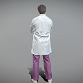 Man in White Lab Coat and Purple Pants Standing with Arms Crossed Against Gray Background