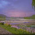 Illuminated Arc Shaped Bridge Over Water at Sunset Surrounded by Greenery Trees and People Walking