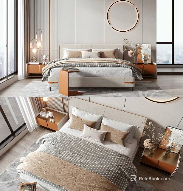 Elegant Double Bed with Linen Bedding Soft Pillows Bedside Tables and Large Windows 3d model 
