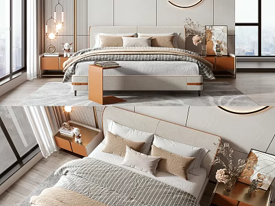 Elegant Double Bed with Linen Bedding Soft Pillows Bedside Tables and Large Windows 3d model