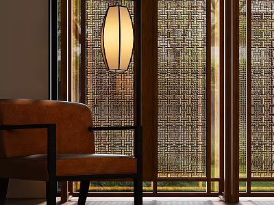 Traditional Chinese Interior With Wooden Woven Screen Decorative Lantern And Chair 3d model