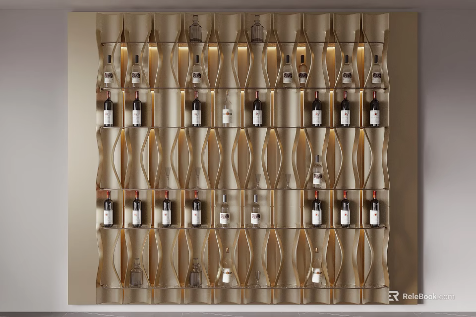 Modern Wavy Wine Rack With Built-in Lighting Holding Wine Bottles and Glasses 3d model 