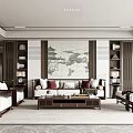 Traditional Chinese Living Room Interior With Landscape Painting Wooden Furniture And Bookshelves