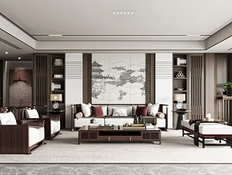 Living room sofa coffee table combination decoration cabinet background wall leisure chair flower landscape painting bench pillow 3d model