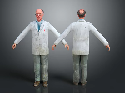 Two Bald Male Characters With Glasses Wearing Stained White Lab Coats Front Back Views 3d model