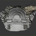 Detailed Ancient Amphitheater Model with Surrounding Buildings Greenery and Mountain Terrain