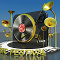 Vitality Music Festival Scene With Vinyl Record Golden Trumpets And Piano Keys Base