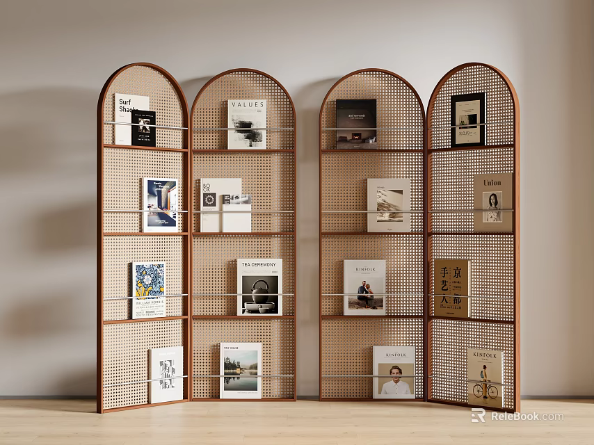 Three Brown Arched Shelves With Multiple Layers Holding Books And Decorative Items 3d model 