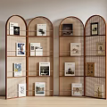 Three Brown Arched Shelves With Multiple Layers Holding Books And Decorative Items