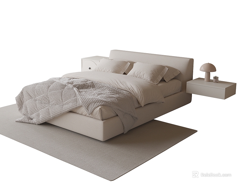 Modern Minimalist Double Bed With Light Colored Headboard Bedside Table And Table Lamp On Rug 3d model 