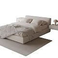 Modern Minimalist Double Bed With Light Colored Headboard Bedside Table And Table Lamp On Rug