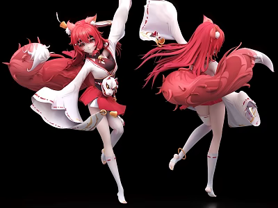 Red Haired Fox Tail Game Character In Traditional Outfit With Dynamic Pose 3d model