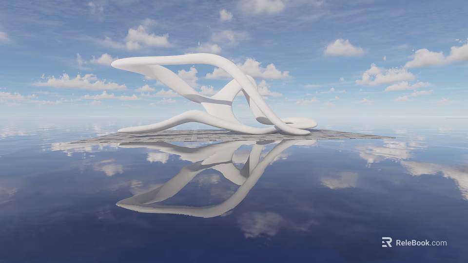 White Curved Garden Ornament With Water Reflection And Blue Sky Background 3d model 