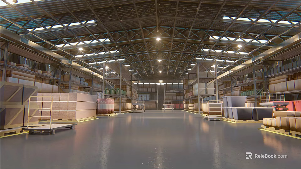 Spacious Industrial Factory Interior With High Metal Ceiling Lighting System And Storage Racks 3d model 