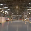 Spacious Industrial Factory Interior With High Metal Ceiling Lighting System And Storage Racks