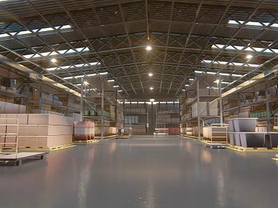 Spacious Industrial Factory Interior With High Metal Ceiling Lighting System And Storage Racks 3d model