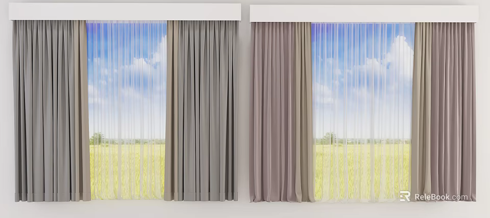 Gray And Brown Curtains Interior With Field Sky And Clouds View 3d model