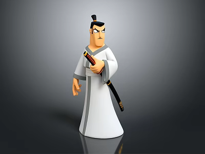 Cartoon Style Samurai Character In White Robe Holding Sword With Black Topknot And Serious Expression 3d model