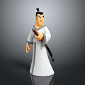 Cartoon Style Samurai Character In White Robe Holding Sword With Black Topknot And Serious Expression