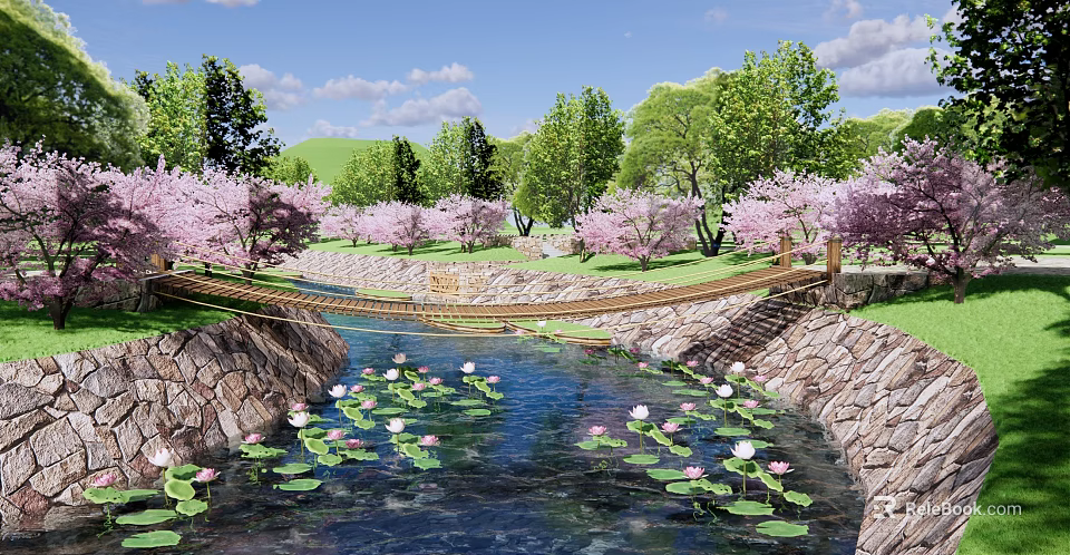 Scenic Waterside Landscape With Water Lilies Cherry Blossom Trees Stone Bridge And Natural Green Surroundings 3d model 