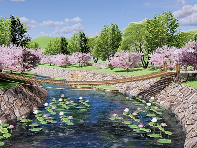 Scenic Waterside Landscape With Water Lilies Cherry Blossom Trees Stone Bridge And Natural Green Surroundings 3d model
