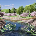 Scenic Waterside Landscape With Water Lilies Cherry Blossom Trees Stone Bridge And Natural Green Surroundings