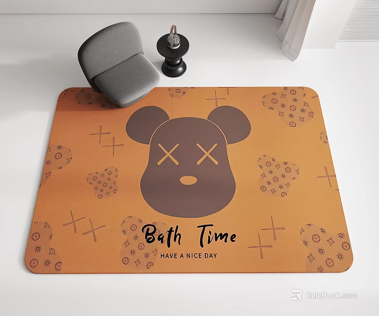 Orange Square Bath Mat With Cartoon Bear Head X Eyes And Bath Time Text Design 3d model 