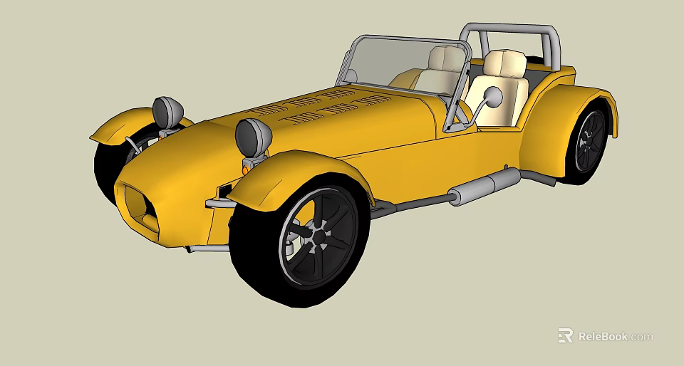 Yellow Vintage Two Seater Convertible Car With Black Wheels And Exhaust Pipes 3d model 