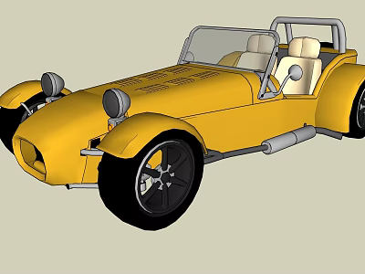 Yellow Vintage Two Seater Convertible Car With Black Wheels And Exhaust Pipes 3d model