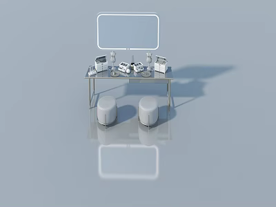 Swing Door Cabinet With Silver Metal Frame White Mirror Small Items And White Round Stools 3d model