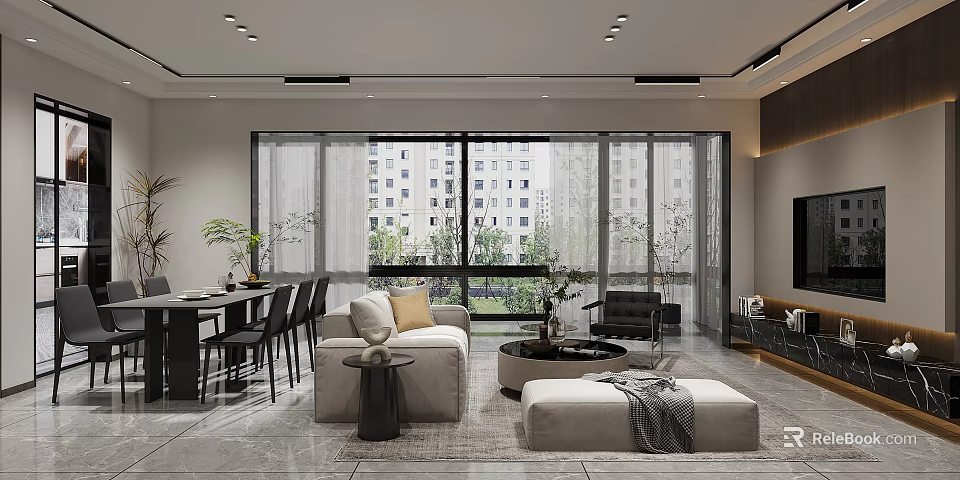 Modern Living and Dining Room Interior With Sofa Coffee Table Dining Set And Large Windows 3d model