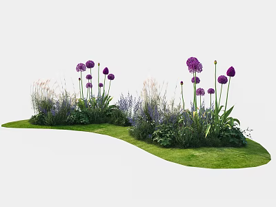 Tall Purple Flowers And Green Grass In Lush Outdoor Garden With Various Plants 3d model