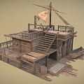 Wooden Boat Boat House Sailing Boat House Canvas Cloth Old Wooden House Old Boat Mast Wooden Box Barrel Deck 3d model