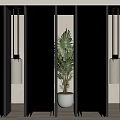 Modern Glass Room Divider With Metal Frames And Potted Palm In Interior Space