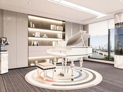 Modern Entertainment Room Interior Design With White Piano Bookshelves Circular Rug And City View 3d model