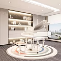 Modern Entertainment Room Interior Design With White Piano Bookshelves Circular Rug And City View