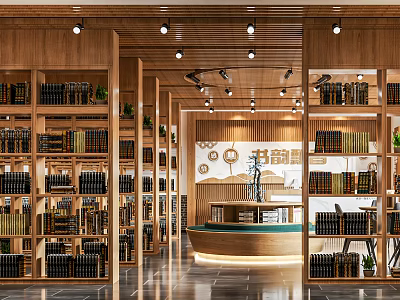 Artistic Book Art Interior Design With Wooden Bookshelves Numerous Books And Green Plants 3d model