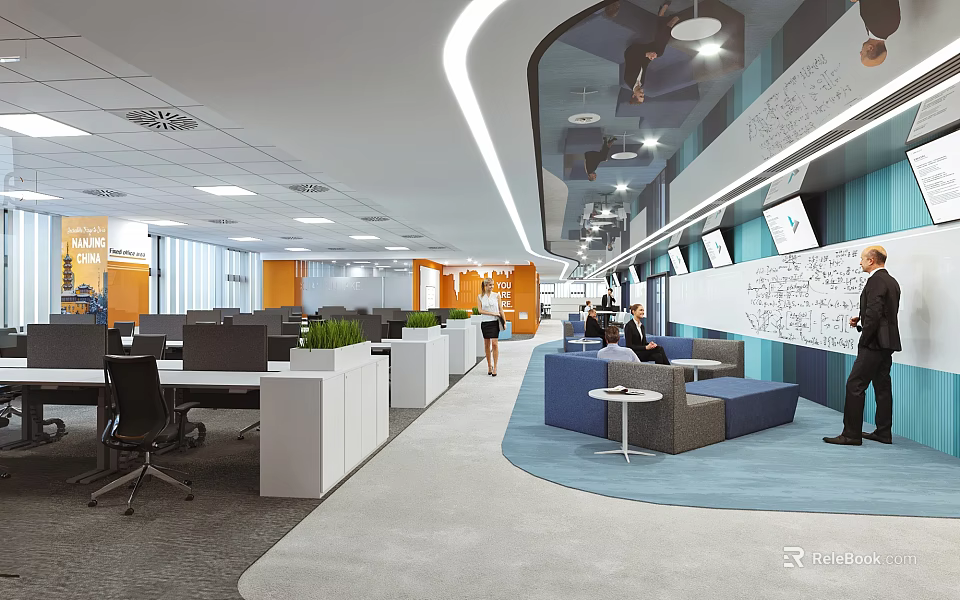 Modern Public Office Space With Open Layout Workstations Sofa Area Green Plants And TV Screens 3d model 