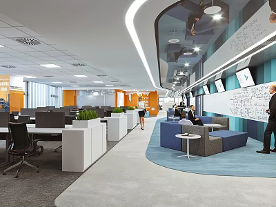 Modern Public Office Space With Open Layout Workstations Sofa Area Green Plants And TV Screens 3d model