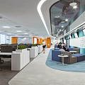 Modern Public Office Space With Open Layout Workstations Sofa Area Green Plants And TV Screens