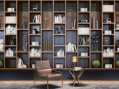 Elegant Bookcase With Shelves Filled With Books Decorative Items Armchair Side Table Lamp And Plant 3d model
