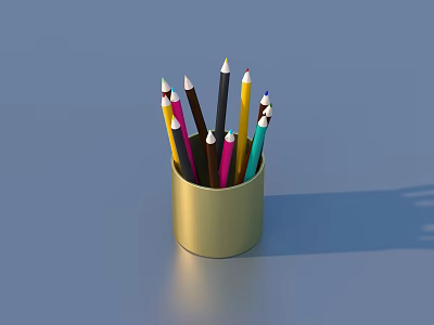 Vibrant Colored Pencils Stored In Golden Pen Holder On Blue Background 3d model
