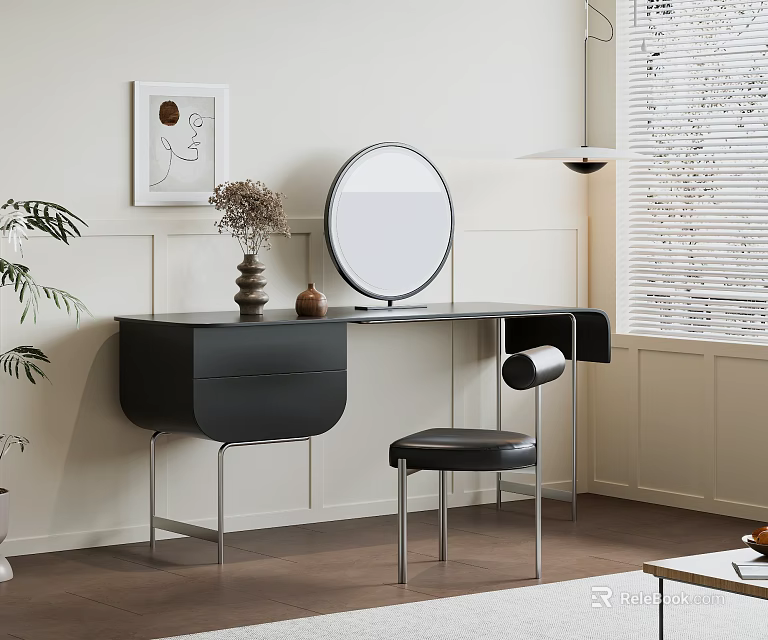 Modern Black Dressing Table with Circular Mirror Stool Wall Art and Potted Plant 3d model