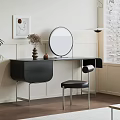 Modern Black Dressing Table with Circular Mirror Stool Wall Art and Potted Plant 3d model