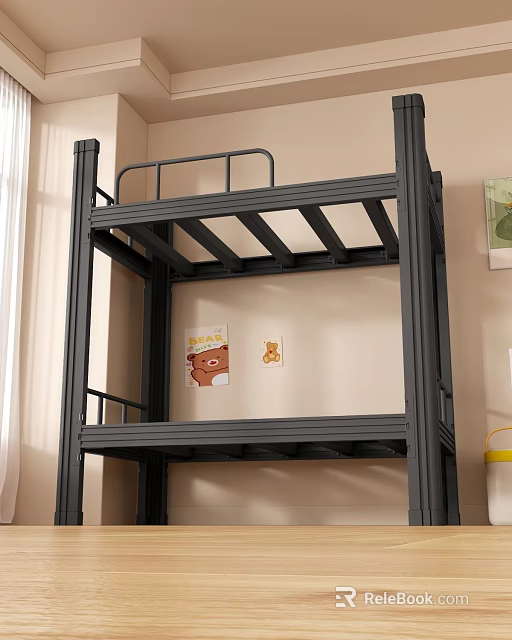 Sturdy Black Metal Bunk Bed With Safety Rail And Modern Bedroom Furniture Design 3d model 